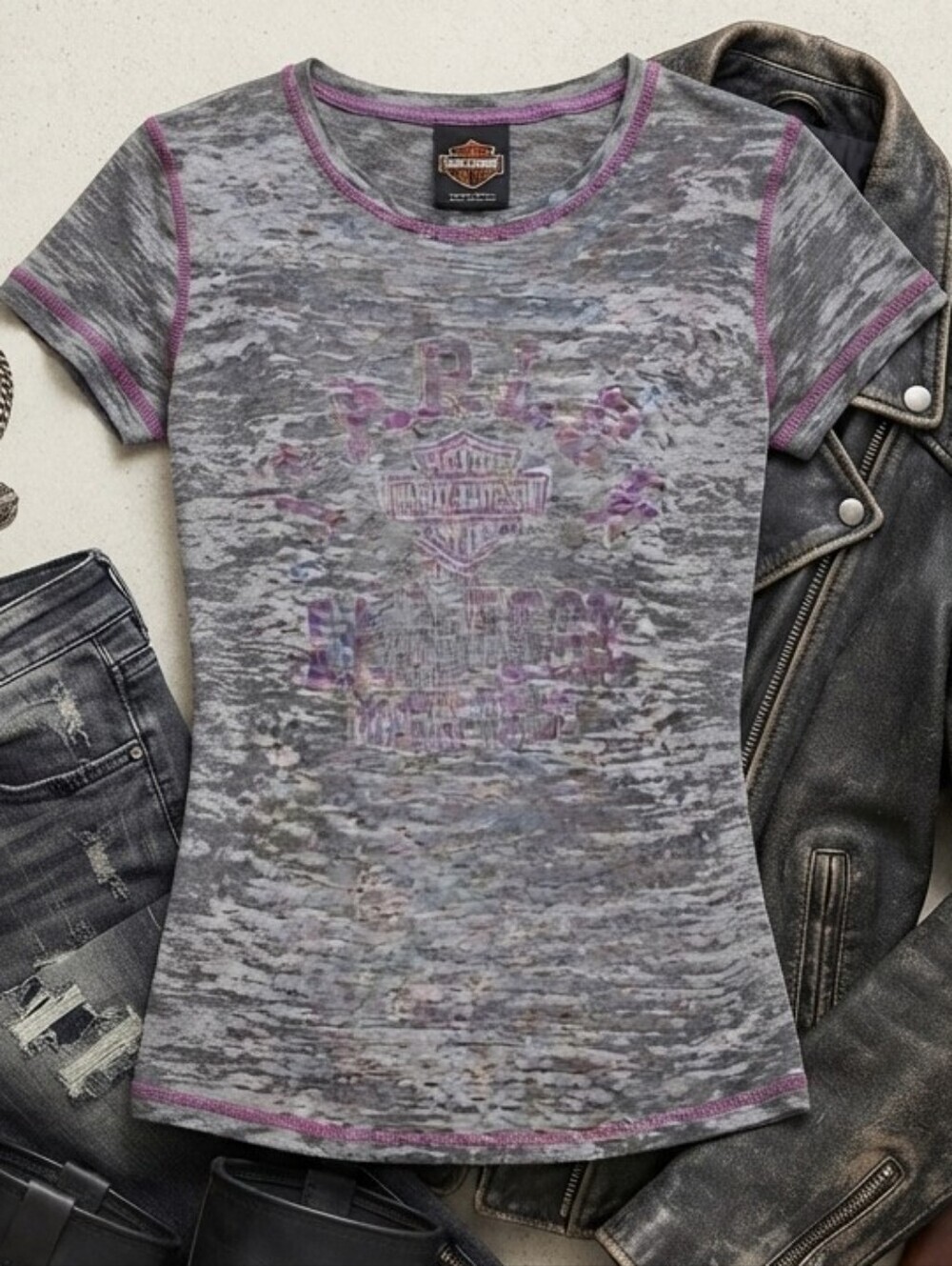 Harley Davidson Gray Purple Burnout Short Sleeve Fitted Tee Shirt